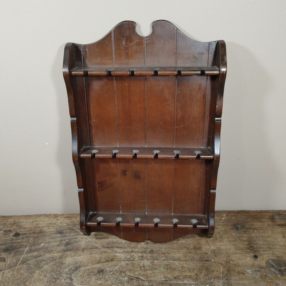 Souvenir Spoon Display Rack Wall Hanging Wooden Case 18 Slots 17x11" Vintage MCM